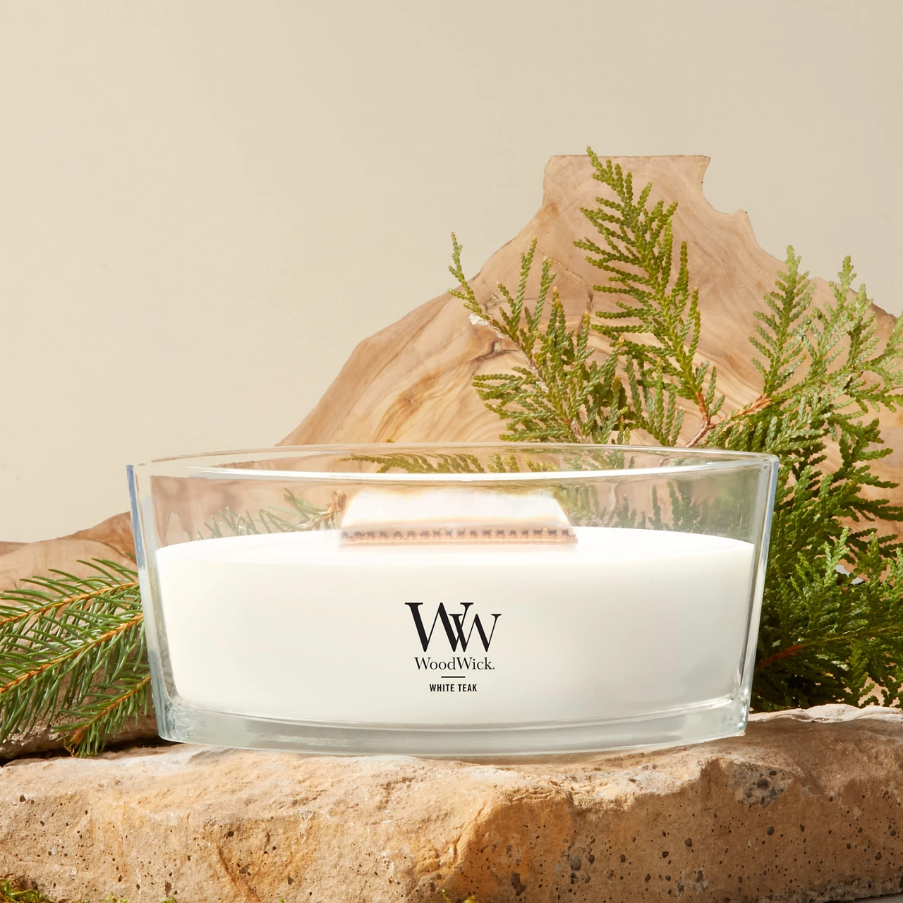 White Teak WoodWick Ellipse Candle